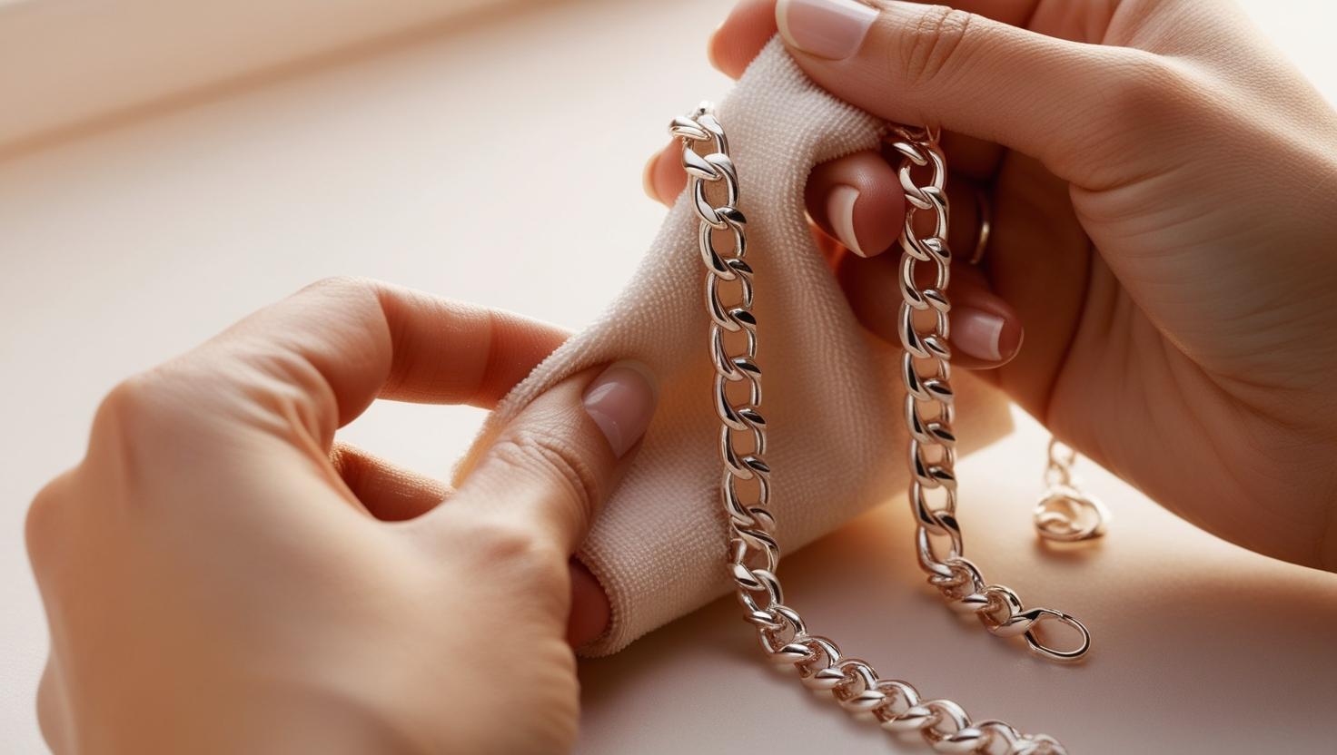 Close-up of hands gently polishing a thick silver chain with a soft cloth, demonstrating proper care and cleaning technique for silver jewelry.