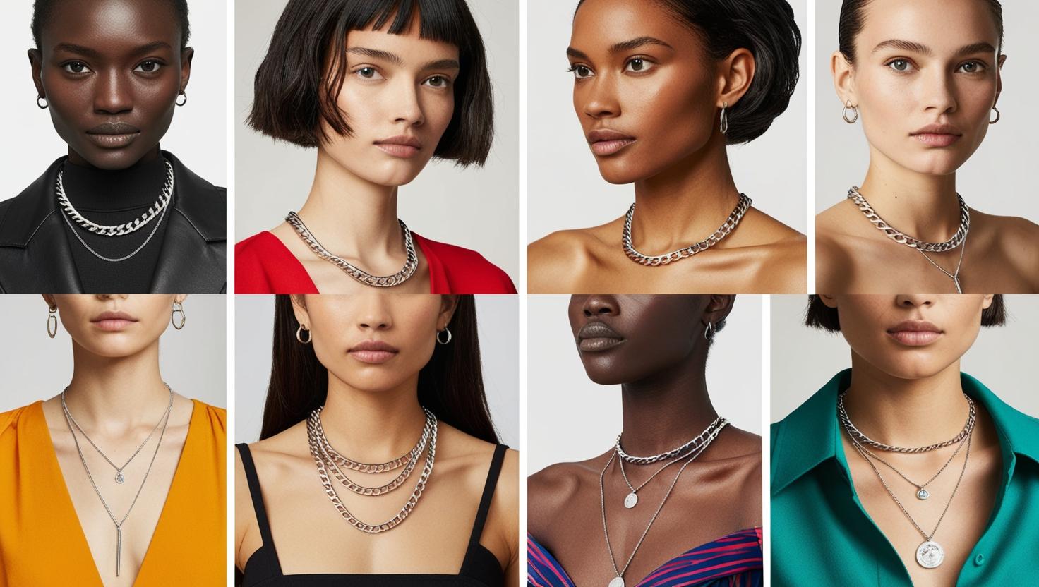 Collage of diverse models wearing various bold silver chain necklaces in modern, fashion-forward styles, showcasing trending 2025 jewelry looks.