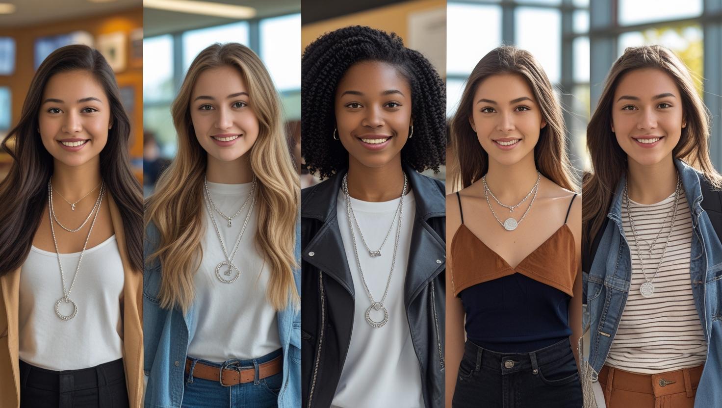Five students indoors wearing different silver chain necklaces, highlighting versatile campus looks and layered styling ideas.