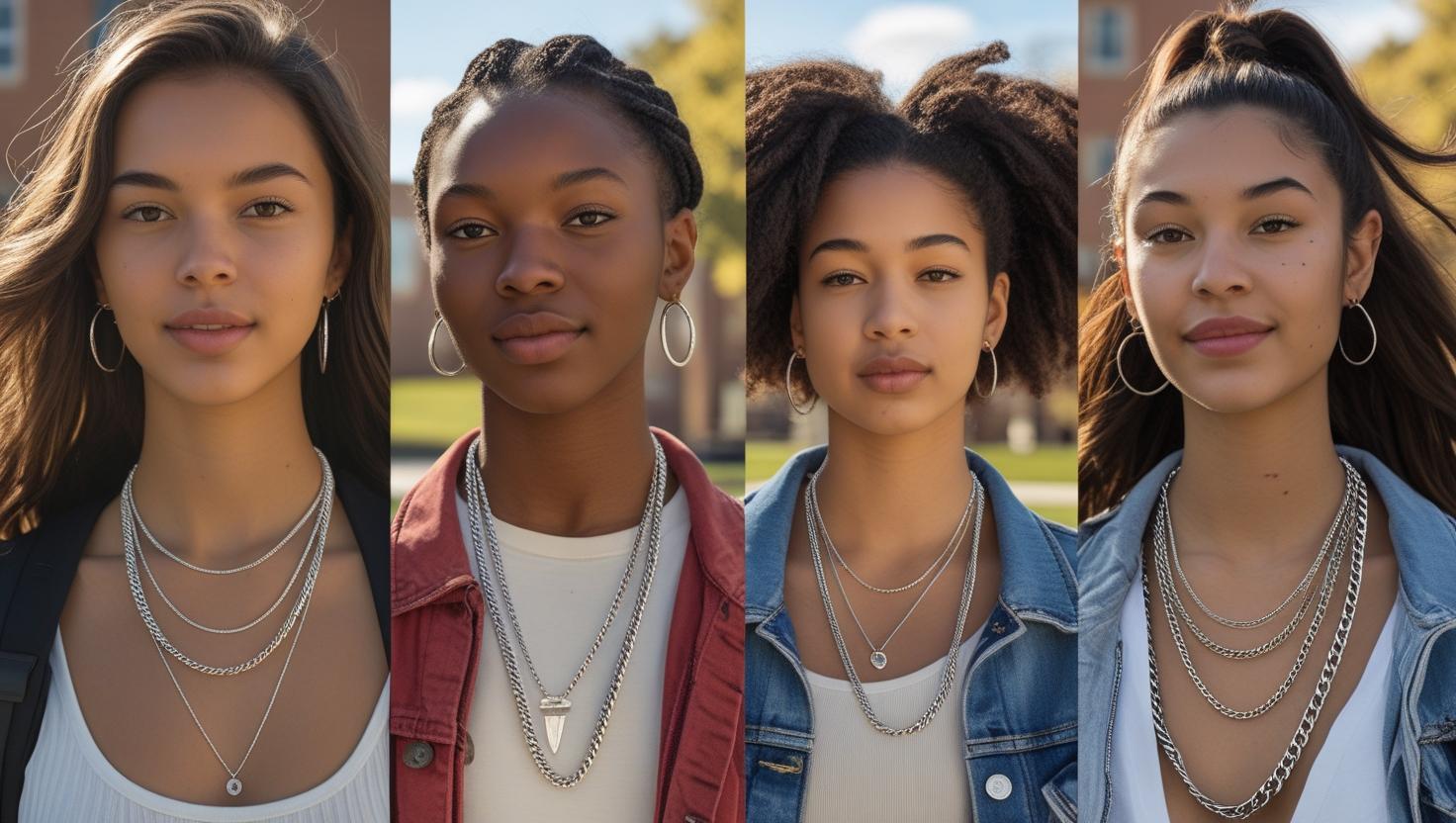 Four diverse students wearing layered silver chain necklaces, showcasing trending campus styles and personal fashion choices.