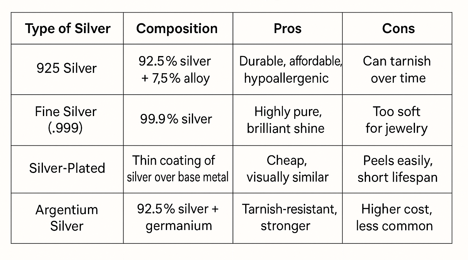 Comparison chart of 925 Silver vs. other silver types including Fine Silver, Silver-Plated, and Argentium Silver. Lists composition, pros, and cons of each.