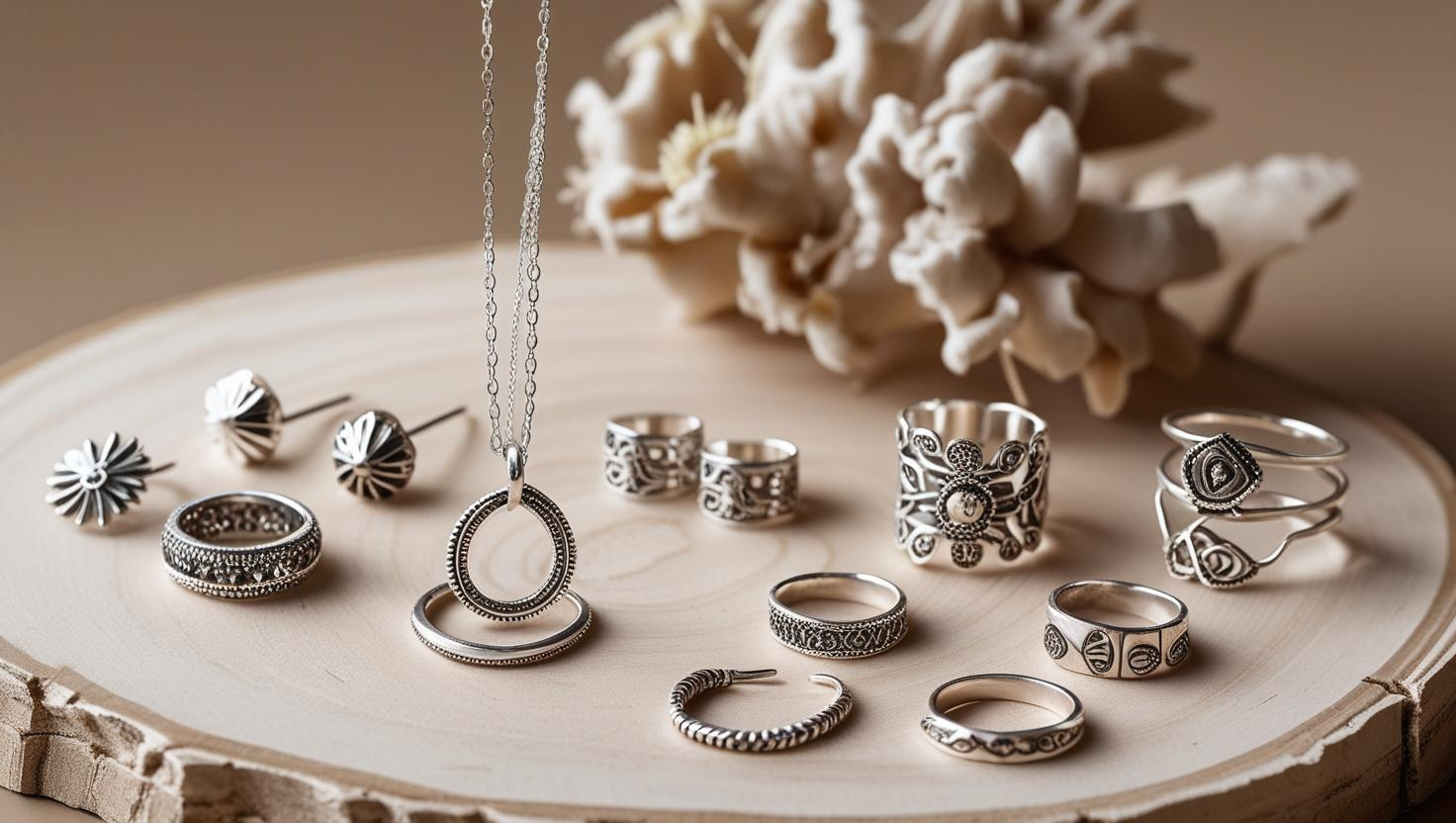 Eco-conscious sterling silver jewelry set with vintage-style rings, stud earrings, and engraved pendants on a wooden display with coral decor.