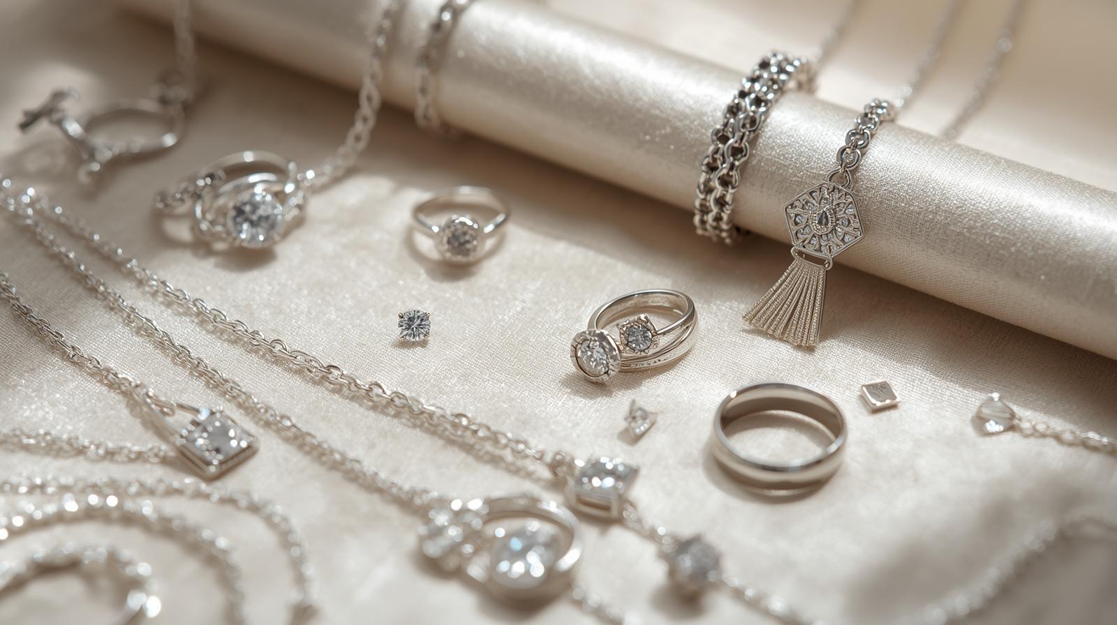 Assorted silver jewelry pieces, including rings, necklaces, and pendants, displayed on satin fabric.