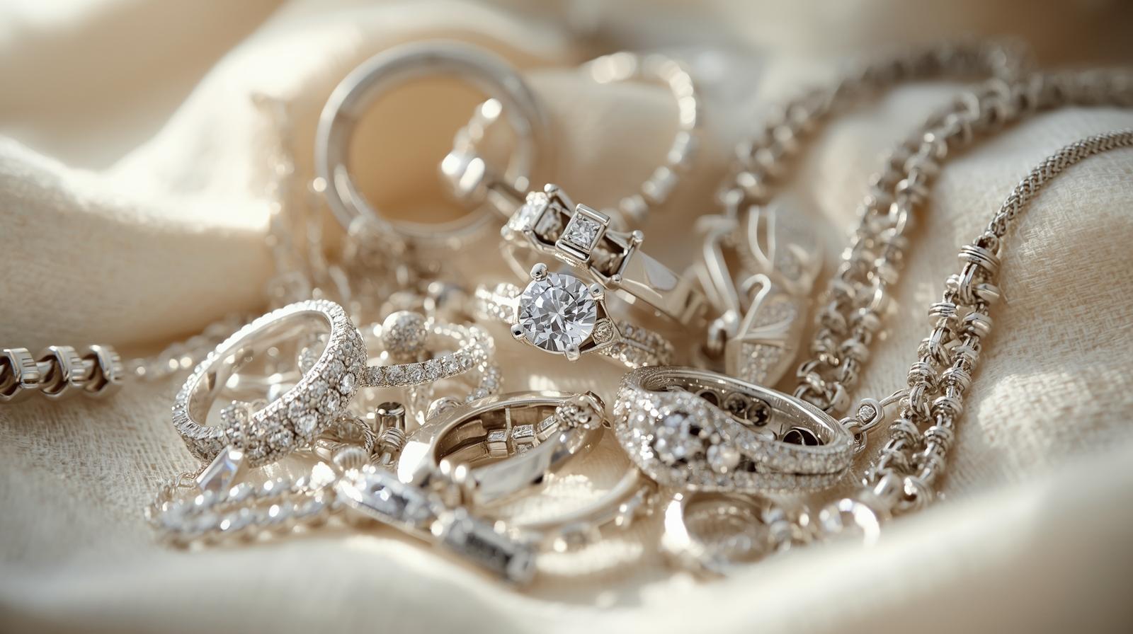 Close-up of authentic silver rings and chains with sparkling gemstones on a fabric background.