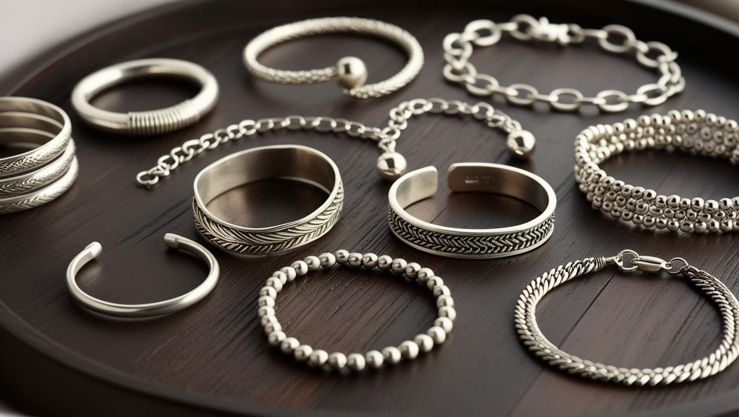 A collection of silver bracelets including cuffs, bangles, bead designs, and chain links on a dark wooden tray, showing diverse bracelet types.