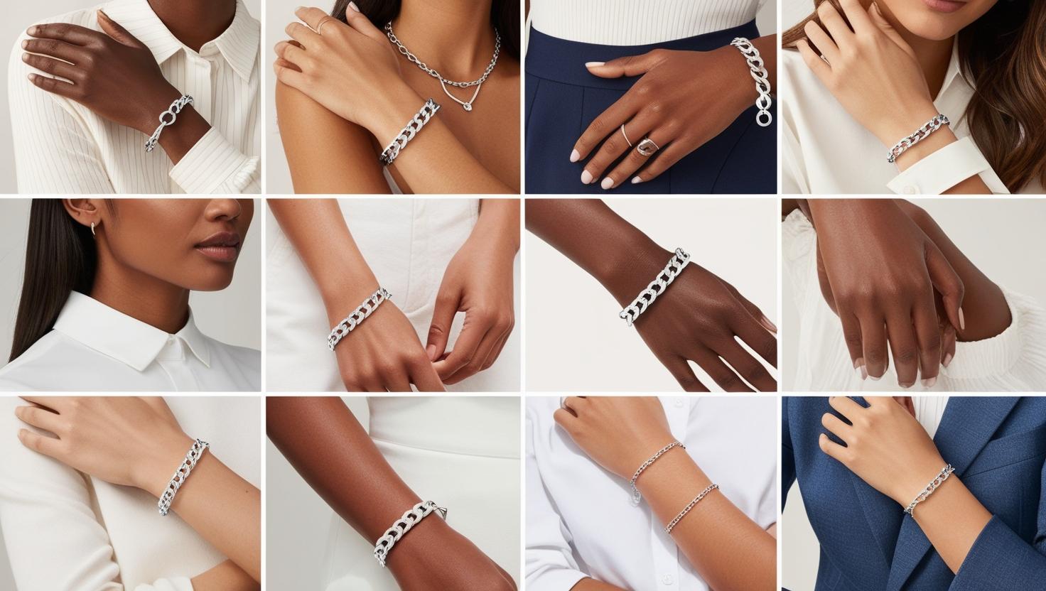Women wearing silver chain bracelets in different outfits, demonstrating versatile styling ideas for modern silver jewelry.