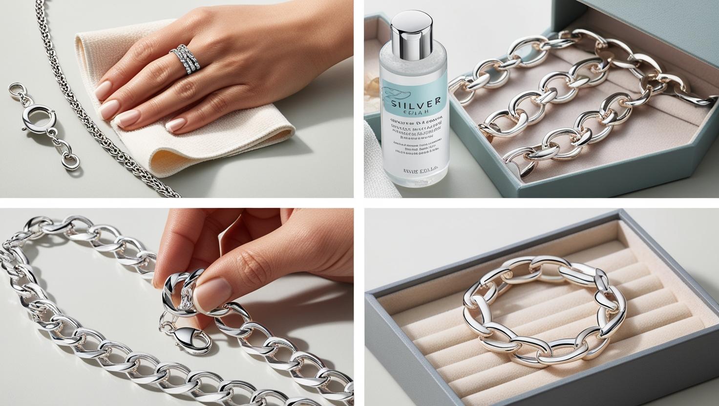 Close-up of silver bracelets being cleaned and stored with a polishing cloth and jewelry cleaner, showcasing proper silver bracelet care.