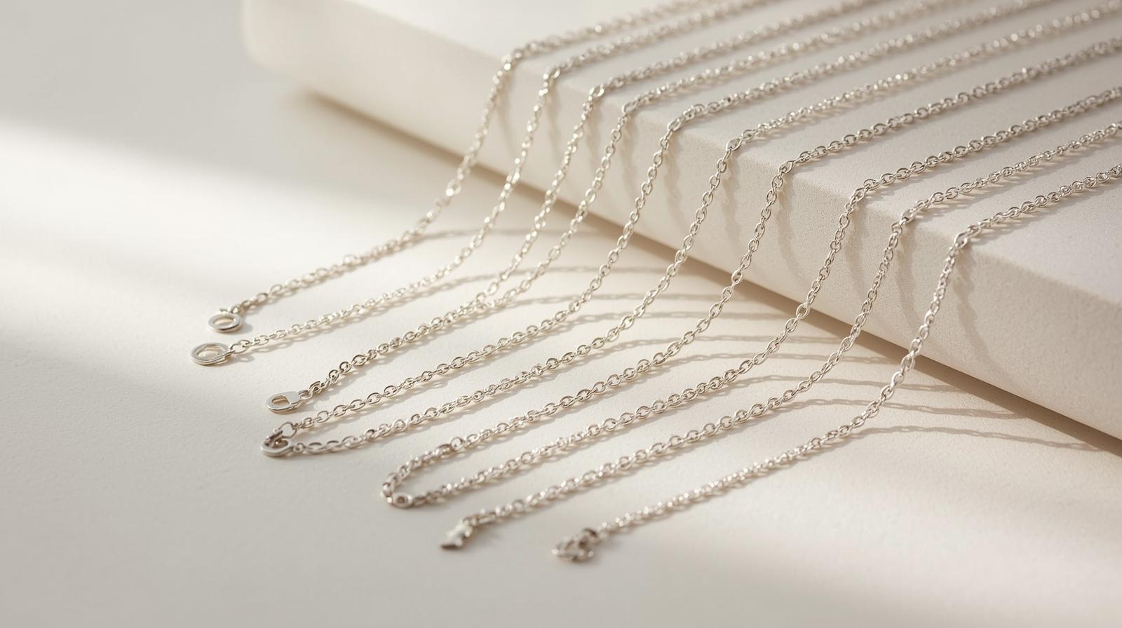 Sterling silver necklace chains in various lengths arranged neatly on a white surface.