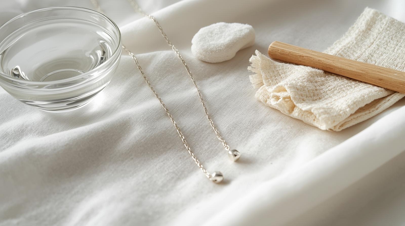 Sterling silver necklace with bowl of water and cleaning cloths for home jewelry care.