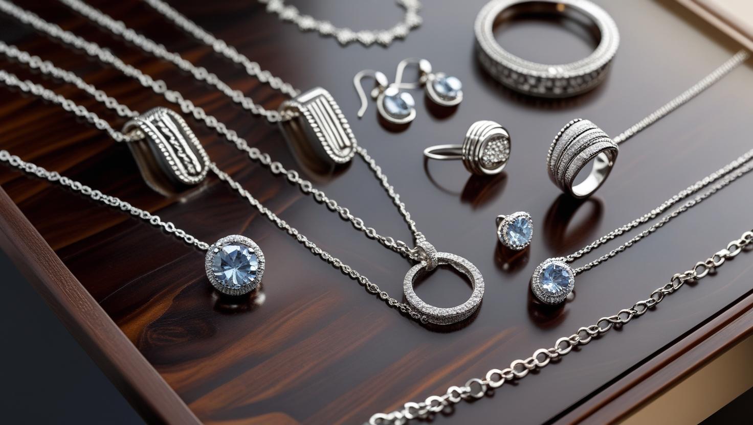 Elegant display of 925 Silver necklaces, earrings, rings, and bracelets adorned with blue gemstones, showcasing the brilliance and craftsmanship of fine sterling silver jewelry.