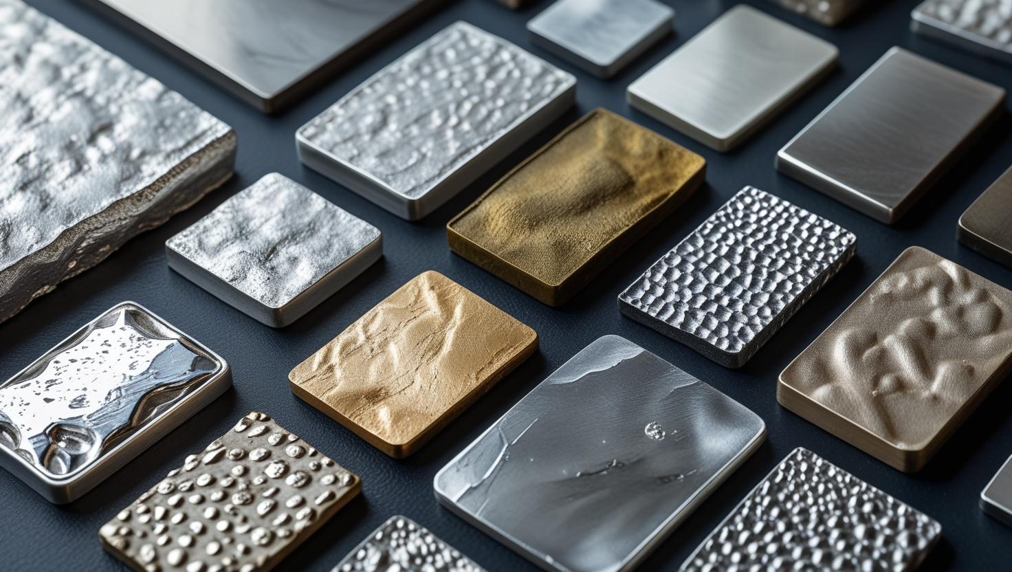 Close-up of various textured metal samples, including brushed, hammered, and polished finishes, illustrating different metal compositions used in 925 Silver jewelry making.