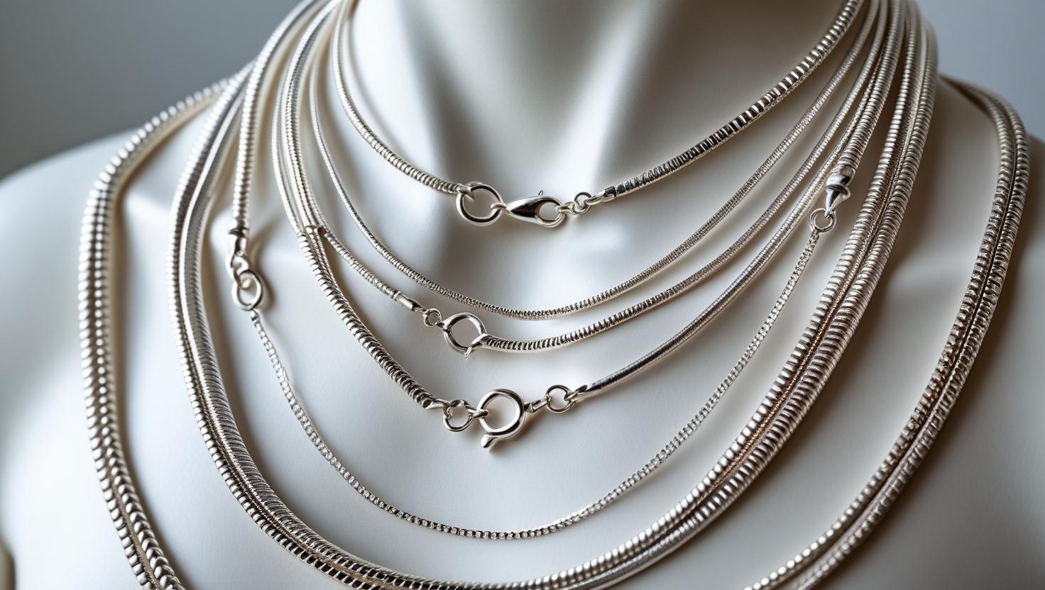 Close-up of a mannequin wearing layered sterling silver necklaces in multiple lengths with visible clasps illustrating Silver Necklace length options.
