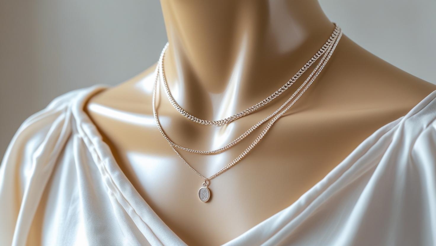 Mannequin in a white blouse wearing three delicate layered sterling silver necklaces with a small pendant minimal Silver Necklace styling.