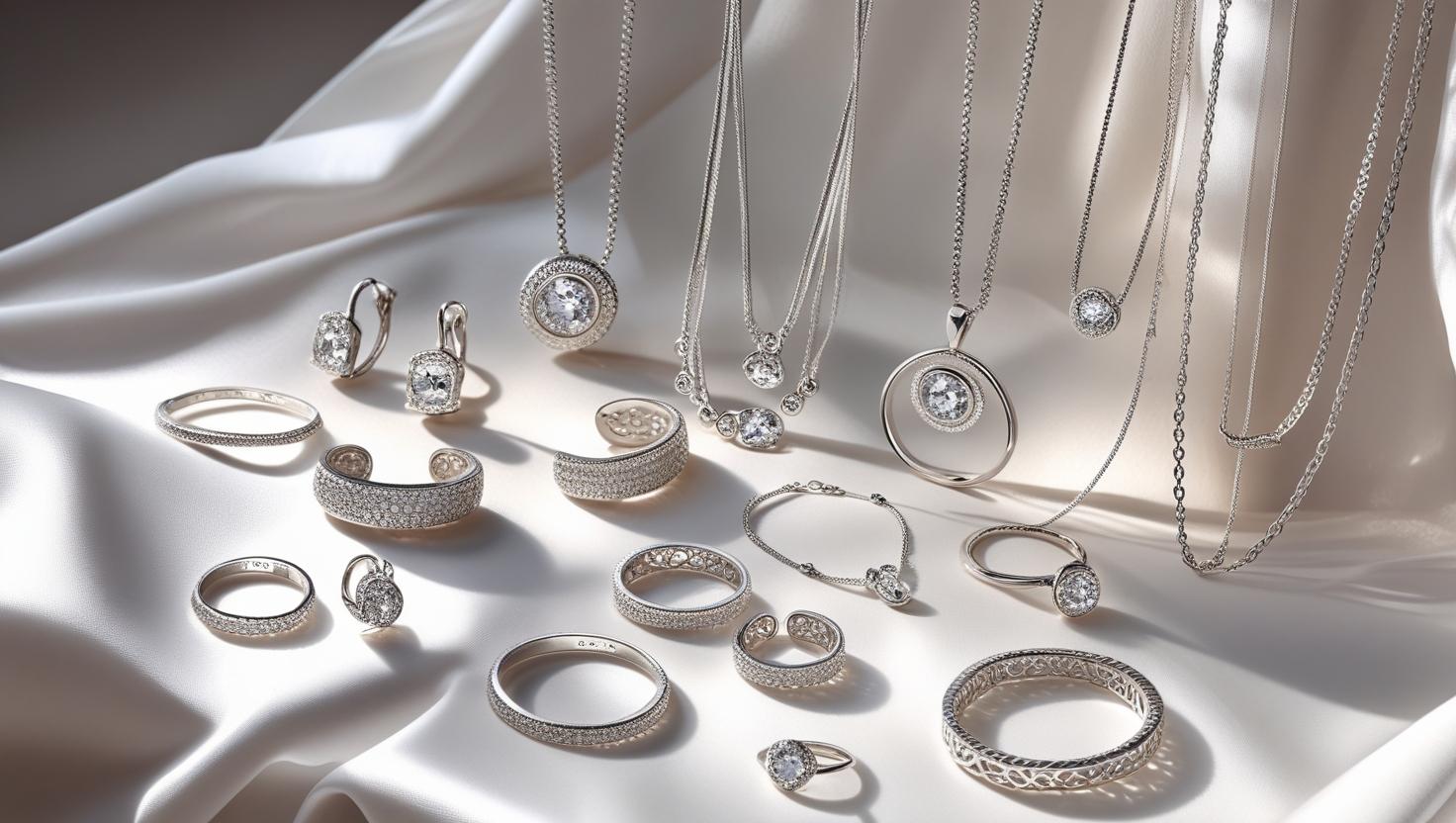 Elegant display of silver rings, earrings, bracelets, and pendants on satin fabric, showcasing shine, texture, and craftsmanship.