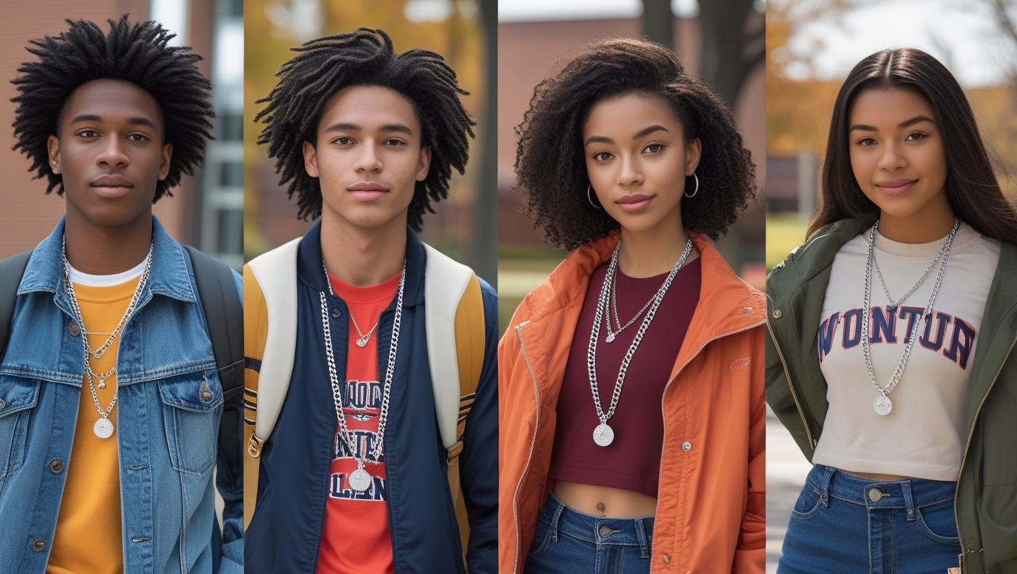 Four college students showcasing layered silver chains in casual and sporty campus outfits.