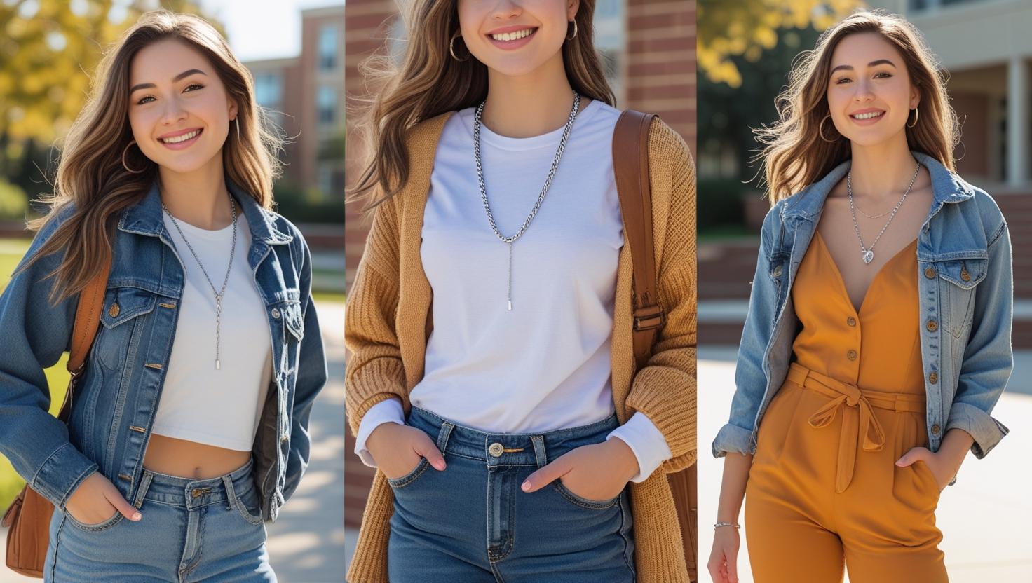 Female student modeling different silver chain styles with denim, knitwear, and a mustard jumpsuit on campus.
