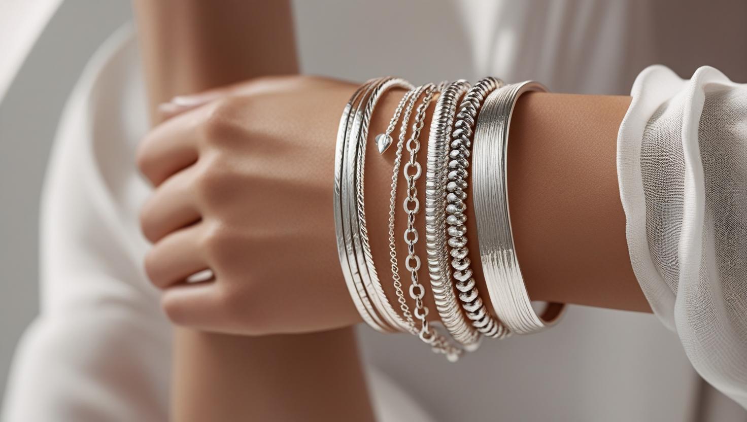 A wrist adorned with stacked silver bracelets, including bangles, chains, and textured designs, styled with a white blouse.