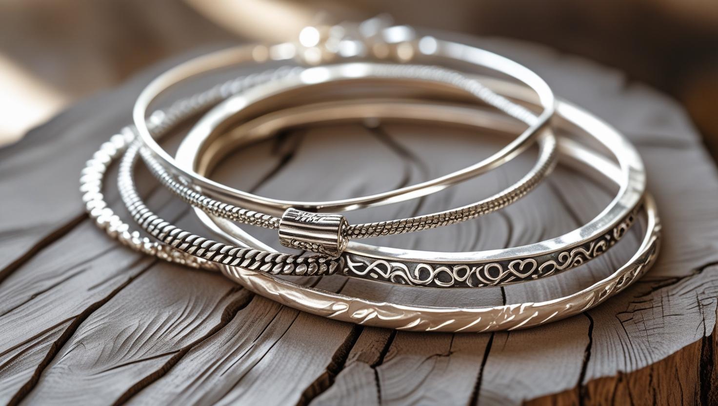 A close-up of assorted sterling silver bangles and cuffs with intricate patterns and textures placed on a wooden surface.