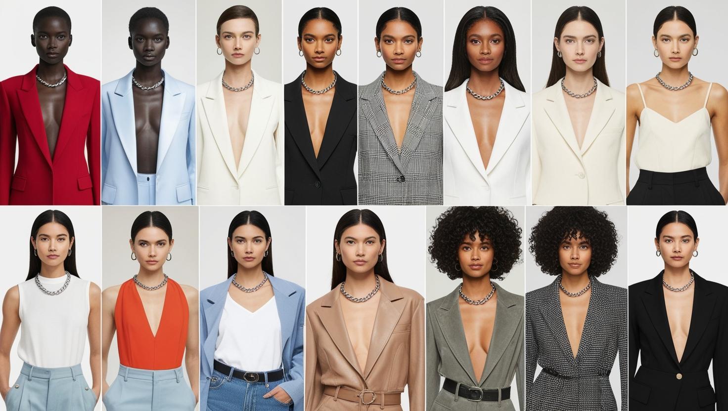 Women wearing tailored blazers and structured outfits in bold and neutral colors, each styled with a statement silver chain necklace for a sleek, modern look.
