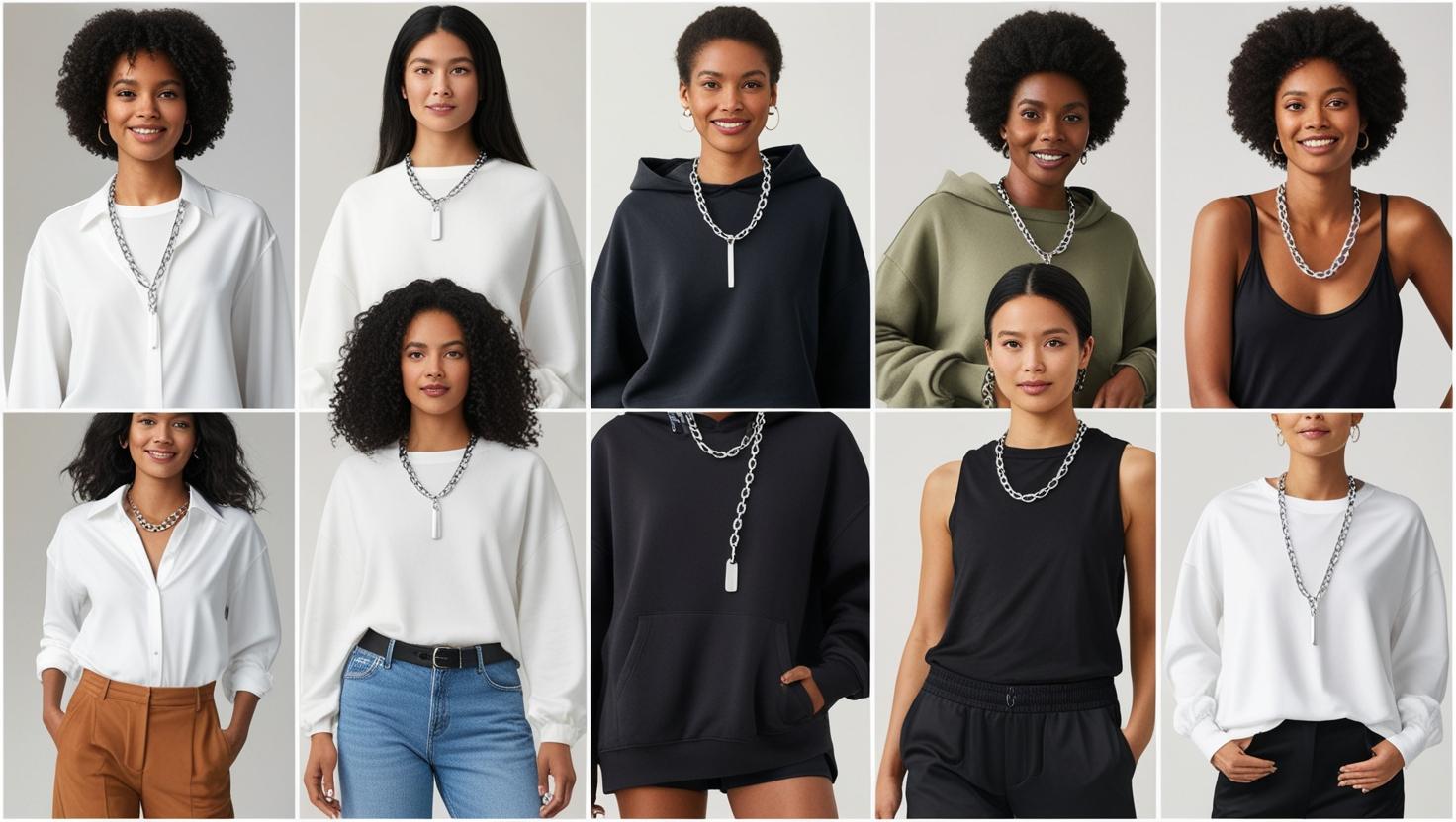 A collage of women showcasing chunky silver chain and pendant necklaces styled with minimalist outfits like oversized sweaters, hoodies, and sleeveless tops in neutral tones.