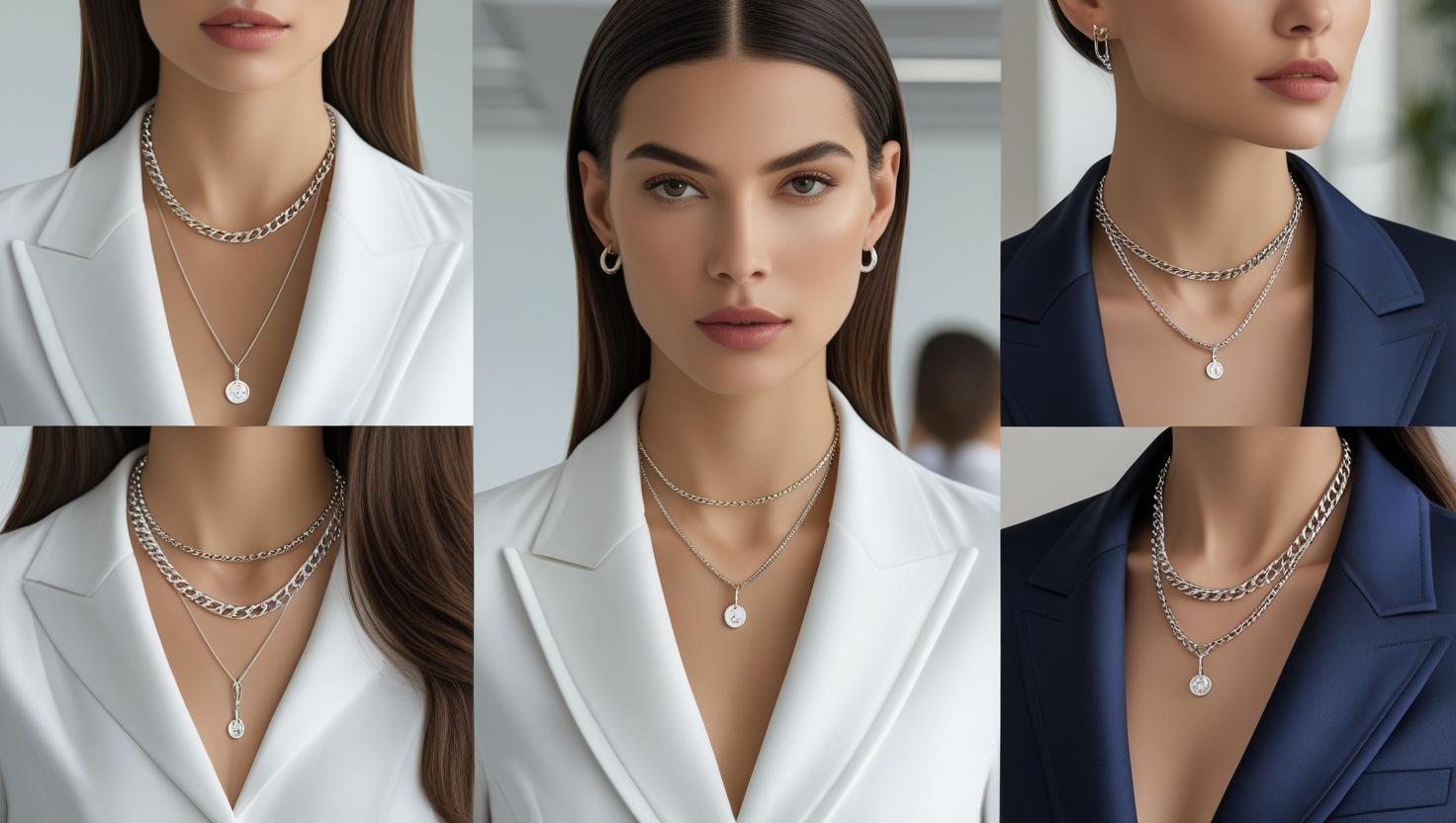 Close-up shots of women wearing layered Silver Chains over blazers, showcasing office-ready jewelry styling.
