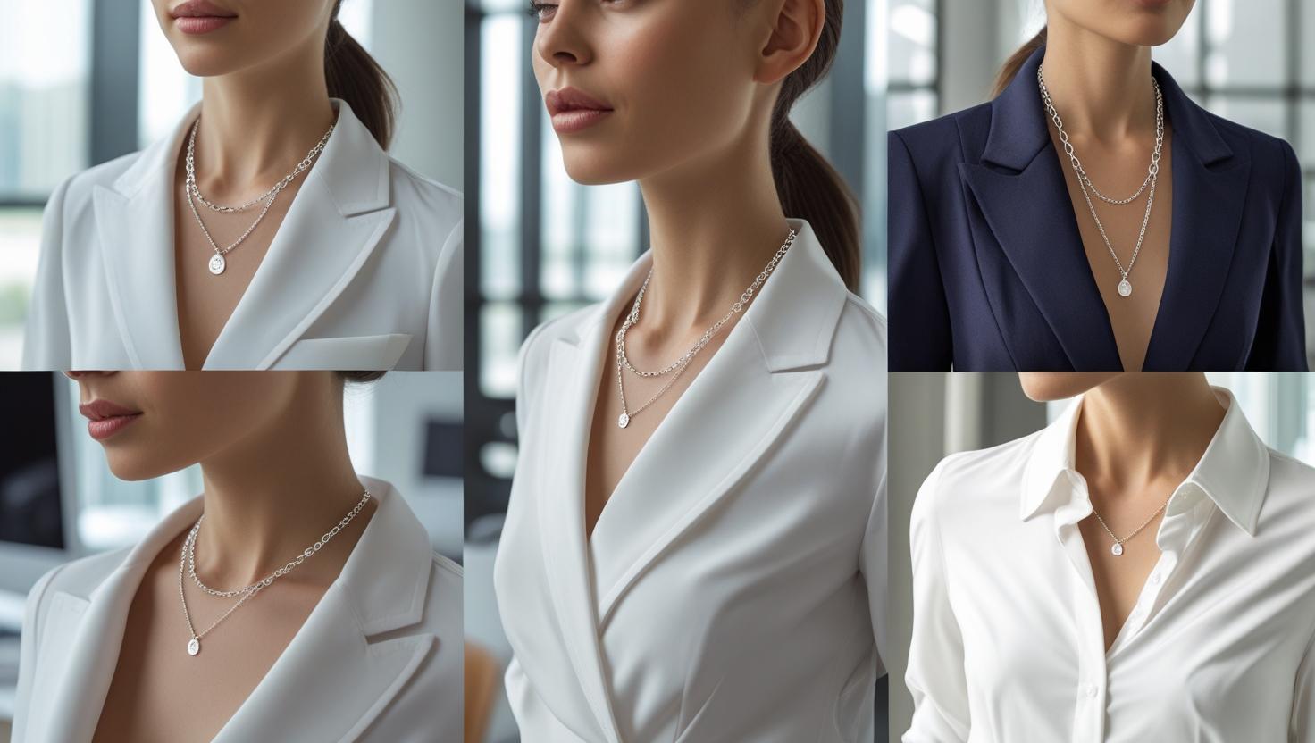 Collage of women in blazers and button-downs styling various Silver Chains suitable for formal work events.