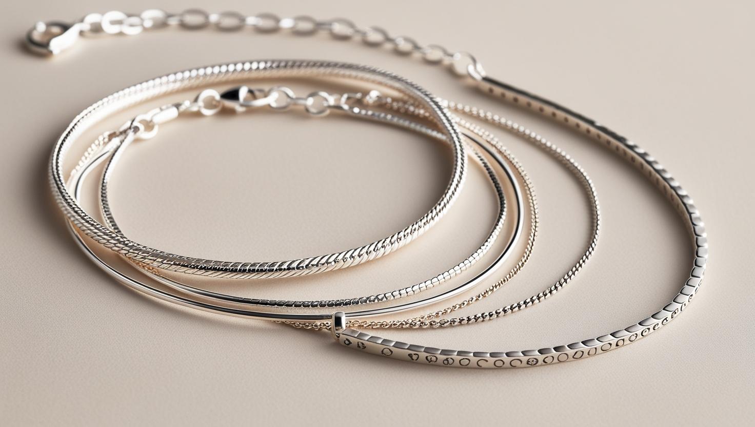Close-up of multiple silver bracelets laid flat on a neutral surface, featuring various textures and chain styles ideal for stacking.