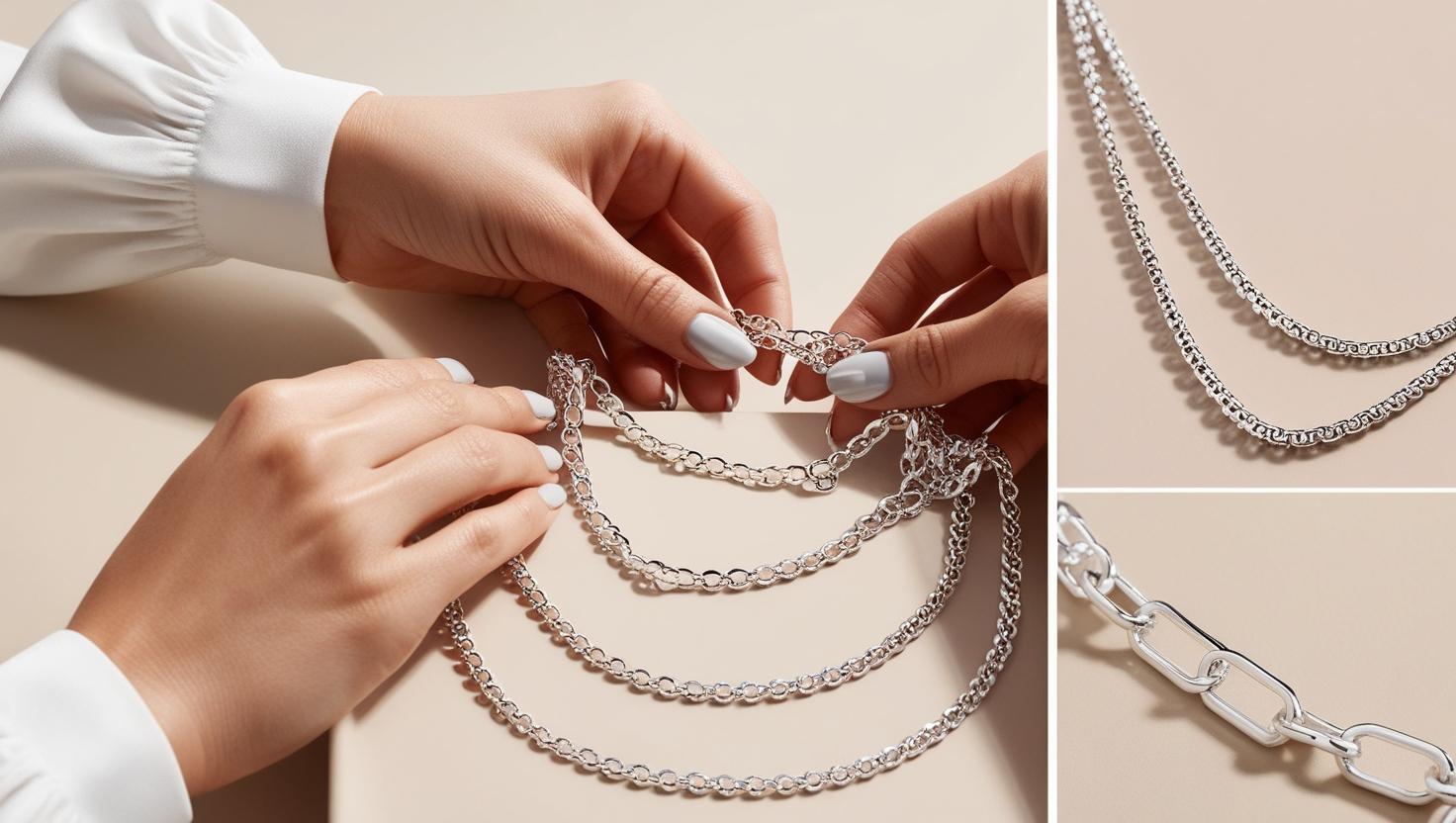 Hands arranging layered silver chain necklaces on a beige surface, showcasing different link styles in a minimalist fashion setting.