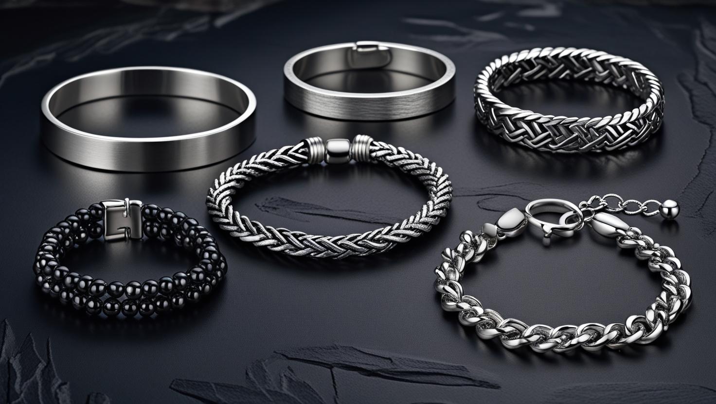 Collection of men’s silver bracelets, including cuffs, chains, bangles, and beaded designs displayed on a dark surface.