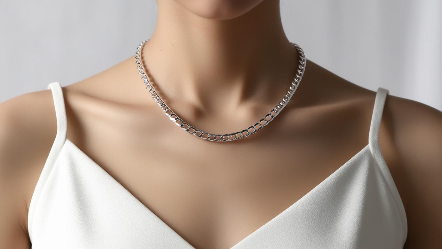 Close-up of a woman wearing a thick Silver Chain Necklace with a white minimalist top, showcasing clean and elegant styling.