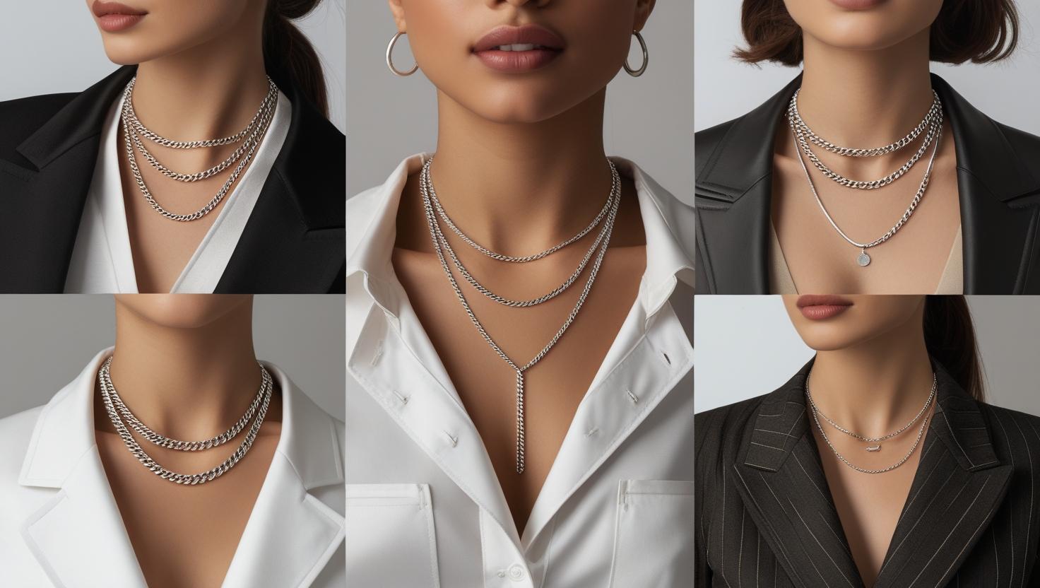Collage of women wearing various silver chain styles paired with blazers and white shirts.