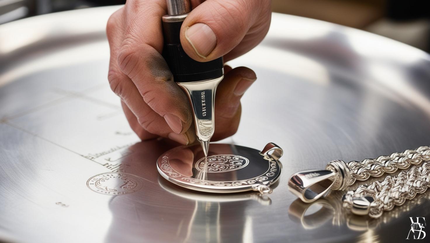 Jeweler engraving a round silver pendant, showcasing the customization process for 925 Italy silver jewelry.