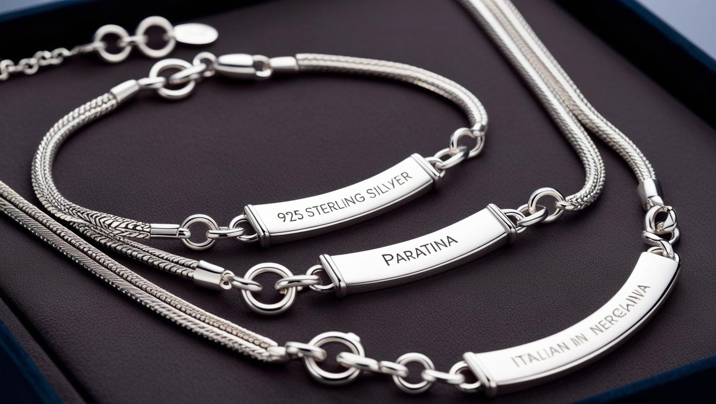 Set of premium 925 Italy sterling silver bracelets with engraved nameplates arranged on a black leather surface.