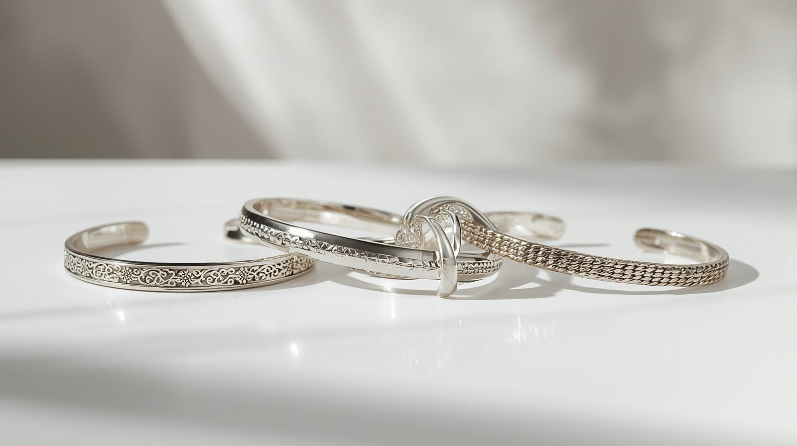 Assorted silver cuff bracelets with intricate engraved patterns displayed on a clean white surface.