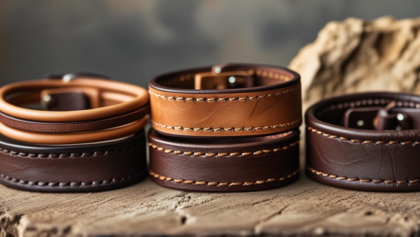 Handcrafted leather bracelets in brown and tan tones with stitched detailing, displayed on a rustic surface.