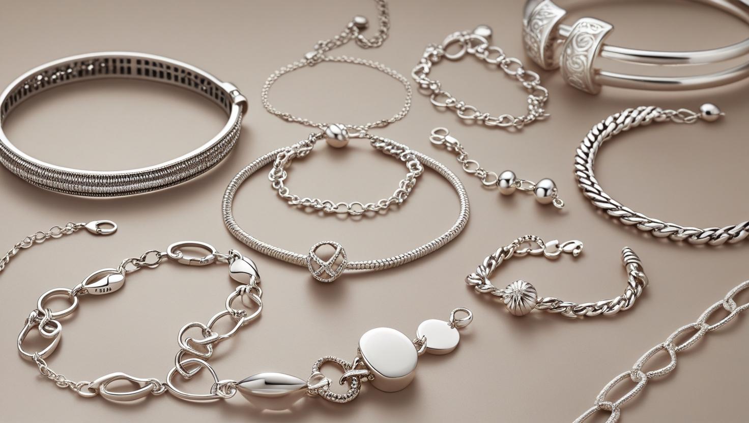 Elegant silver bracelets collection featuring chains, bangles, and cuffs arranged on a neutral background.