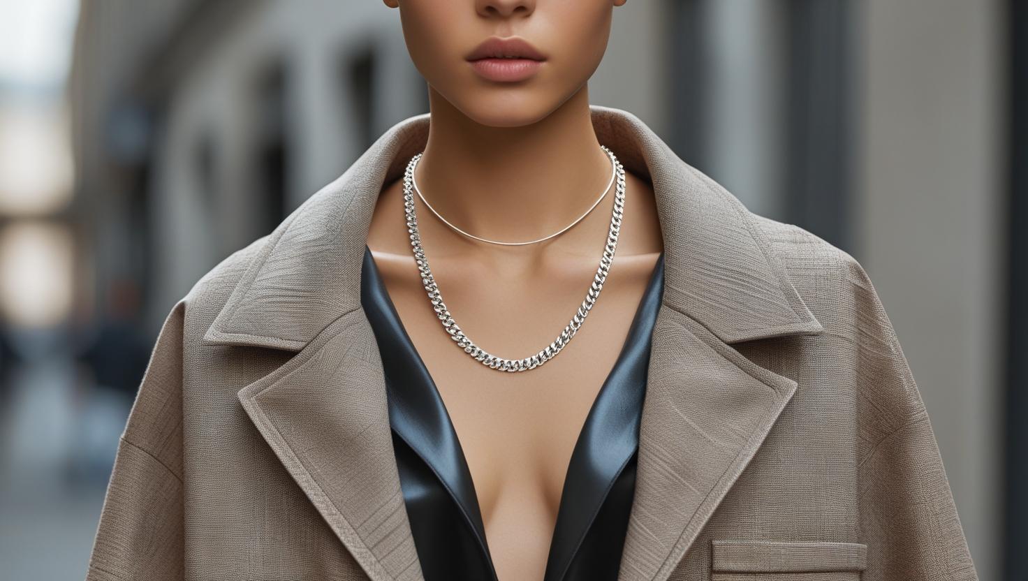 Woman wearing layered silver chain necklaces with a beige coat and black satin top, showcasing street style elegance.