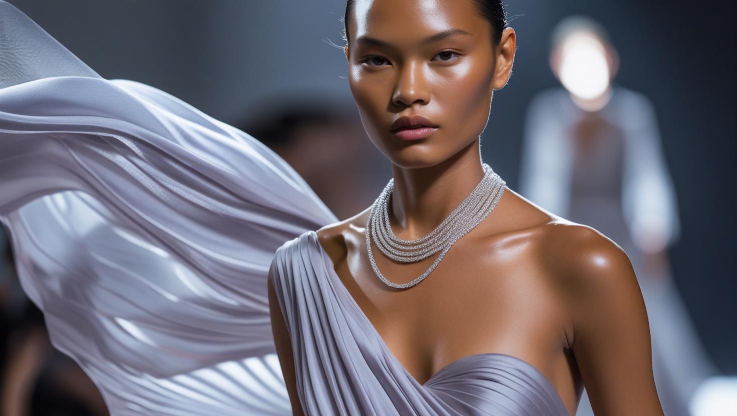 Model on runway in flowing dress and layered silver chain necklaces, highlighting high fashion trends.