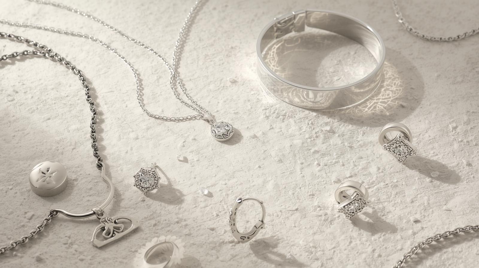 Assorted silver jewelry pieces, including necklaces, rings, and bracelets, displayed on a stone surface.