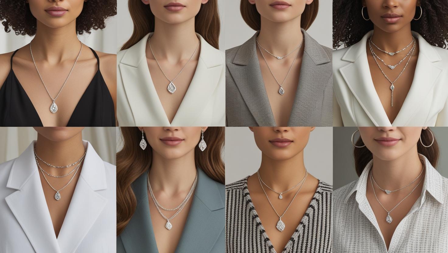 Different silver necklace styles with amulets and layers, paired with formal and casual attire.