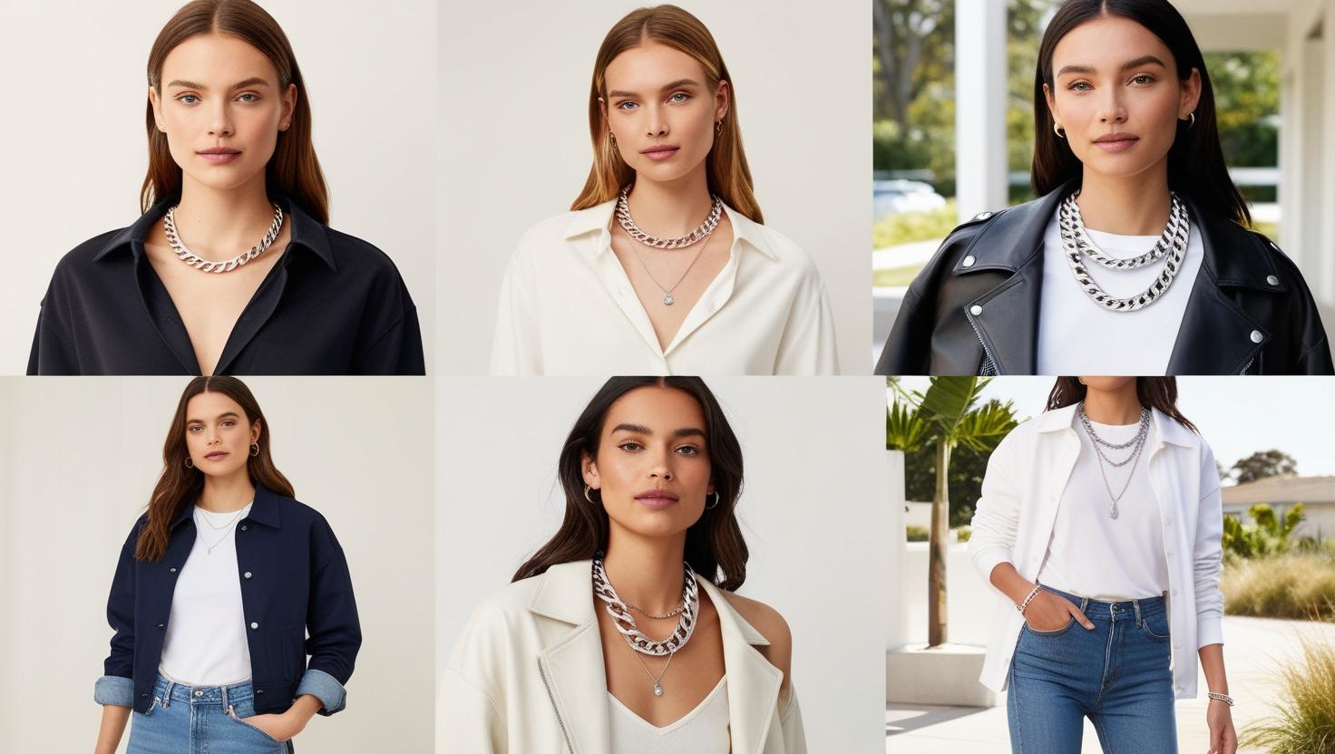 Women wearing silver chain necklaces with casual outfits.