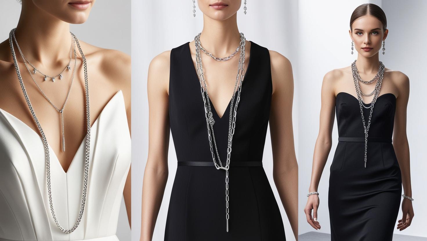 Elegant silver chain necklaces layered over formal dresses.