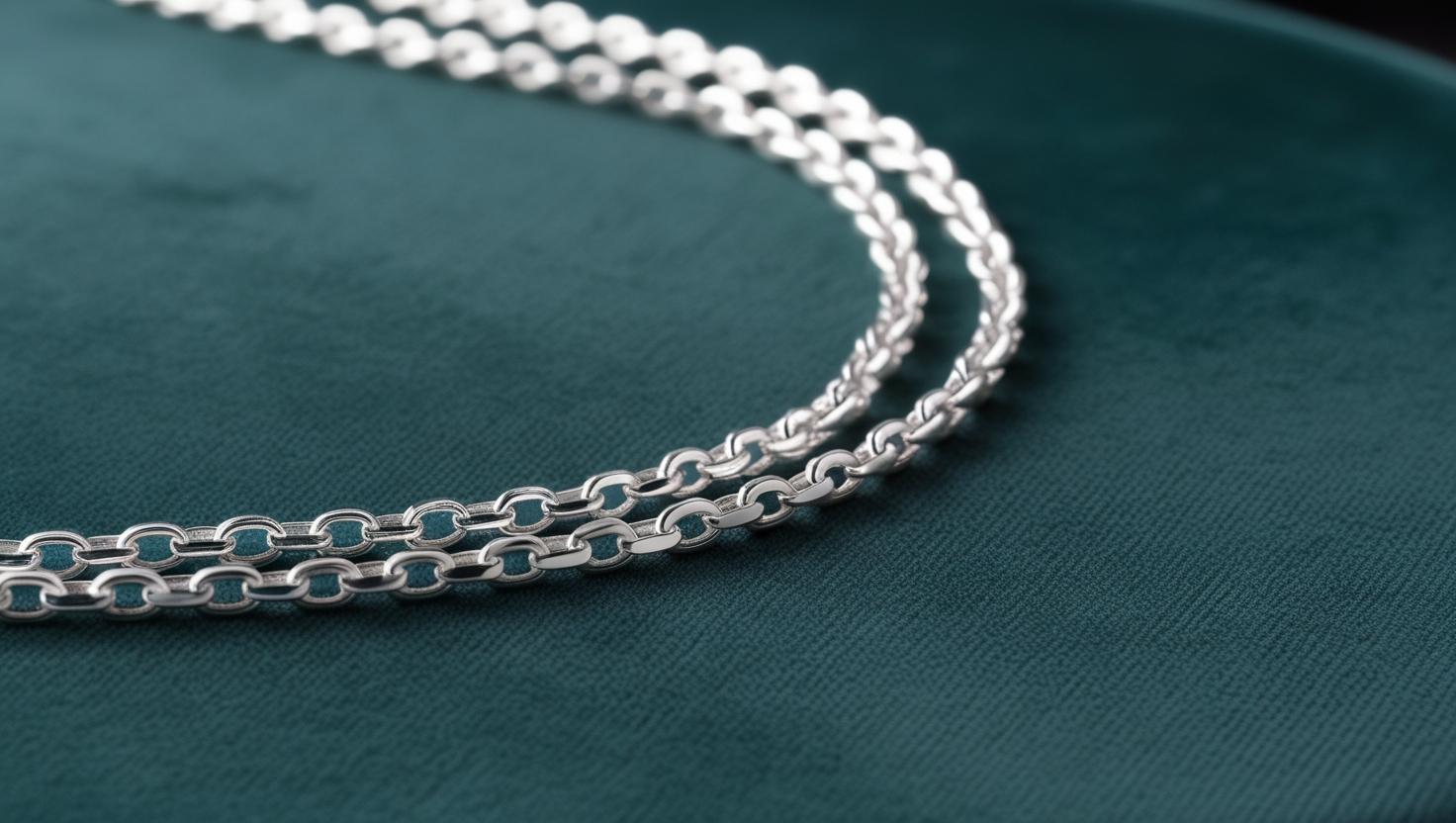 Close-up of a sleek silver chain with oval links, showcasing its elegant design.