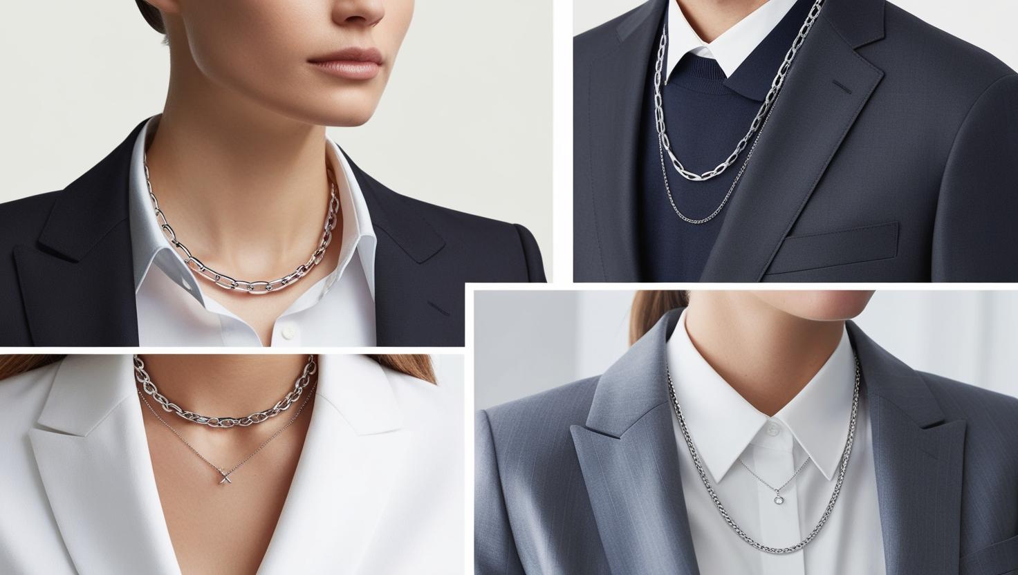 Silver chain necklaces styled with office and business attire.