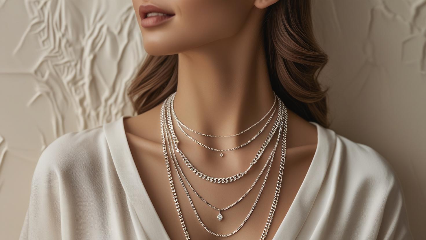 A woman wearing multiple layered silver necklaces in different chain styles, showcasing a stylish and elegant layered jewelry look.