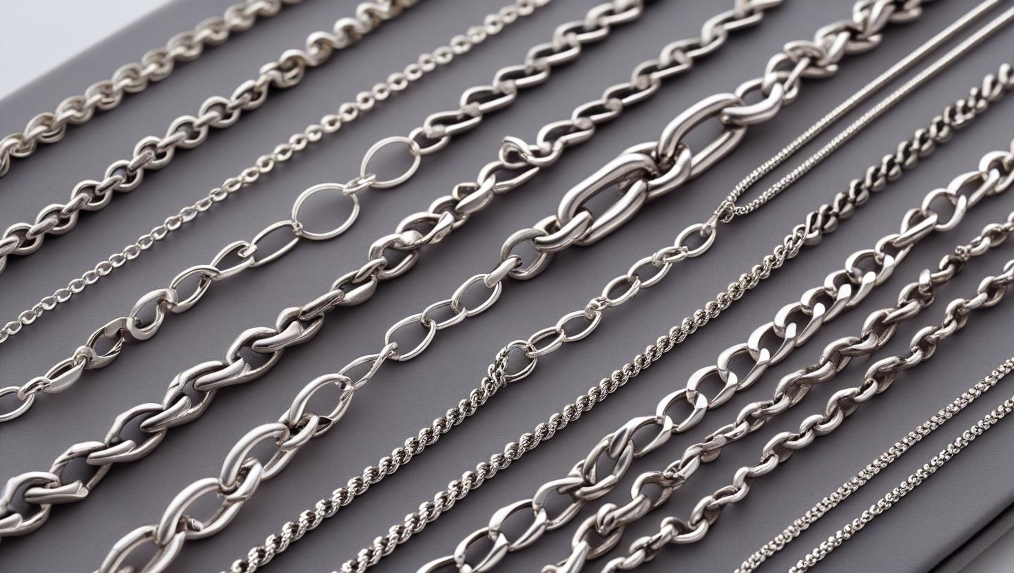 Close-up of various sterling silver necklace chains laid out on a gray background, featuring curb, rope, box, and figaro link designs.