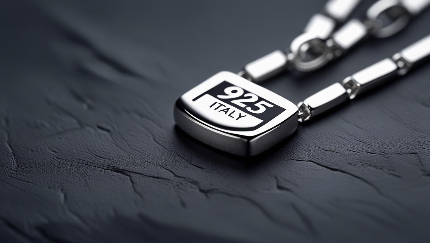 Close-up of a 925 Italy tag pendant on a sterling silver chain resting on a textured black surface