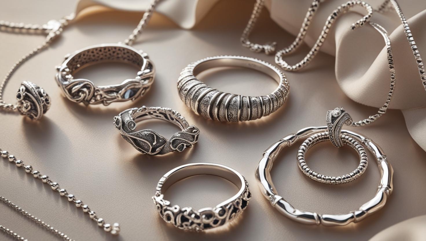 Assorted 925 Italy silver rings, bangles, and chains displayed on a soft beige fabric background