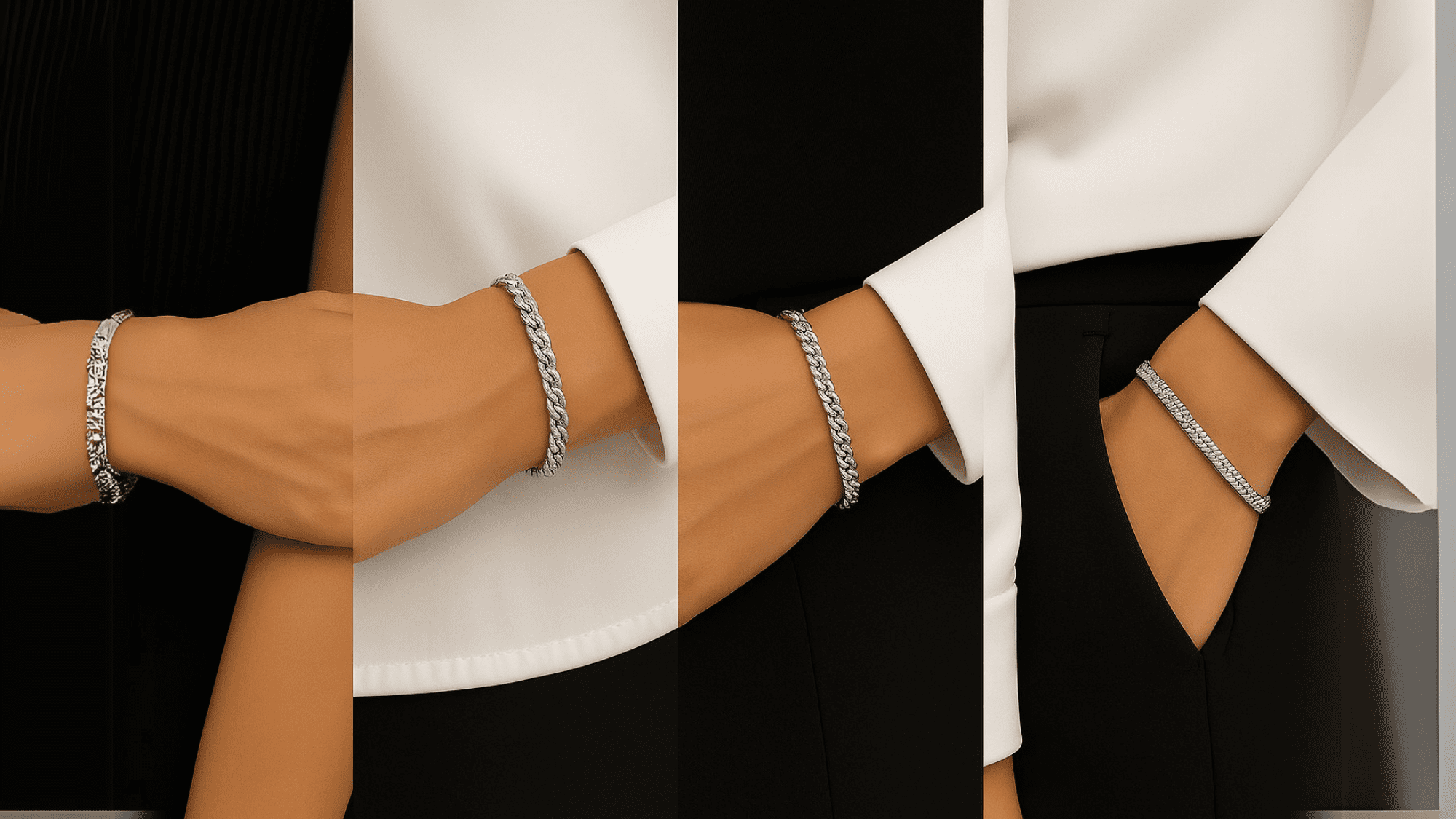 Four models display different styles of Italian 925 silver bracelets.