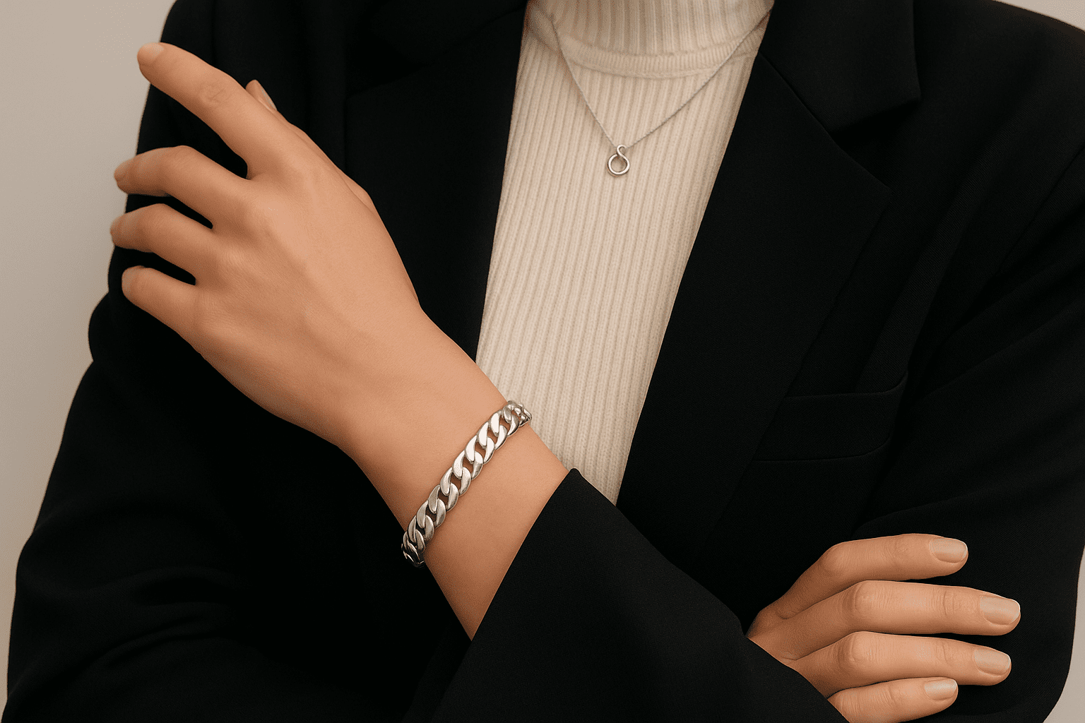 Close-up of a woman wearing a chunky Italian 925 silver bracelet styled with a black blazer and beige ribbed top, paired with a delicate silver pendant necklace.